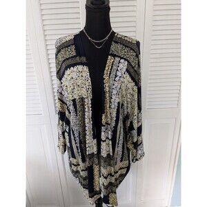 Cato Duster Kimono Women's 22/24 Navy Yellow Floral Open Front Dolman Slv Comfy
